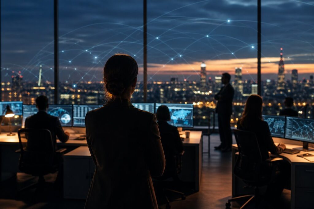 A modern operations room monitoring information networks across borders