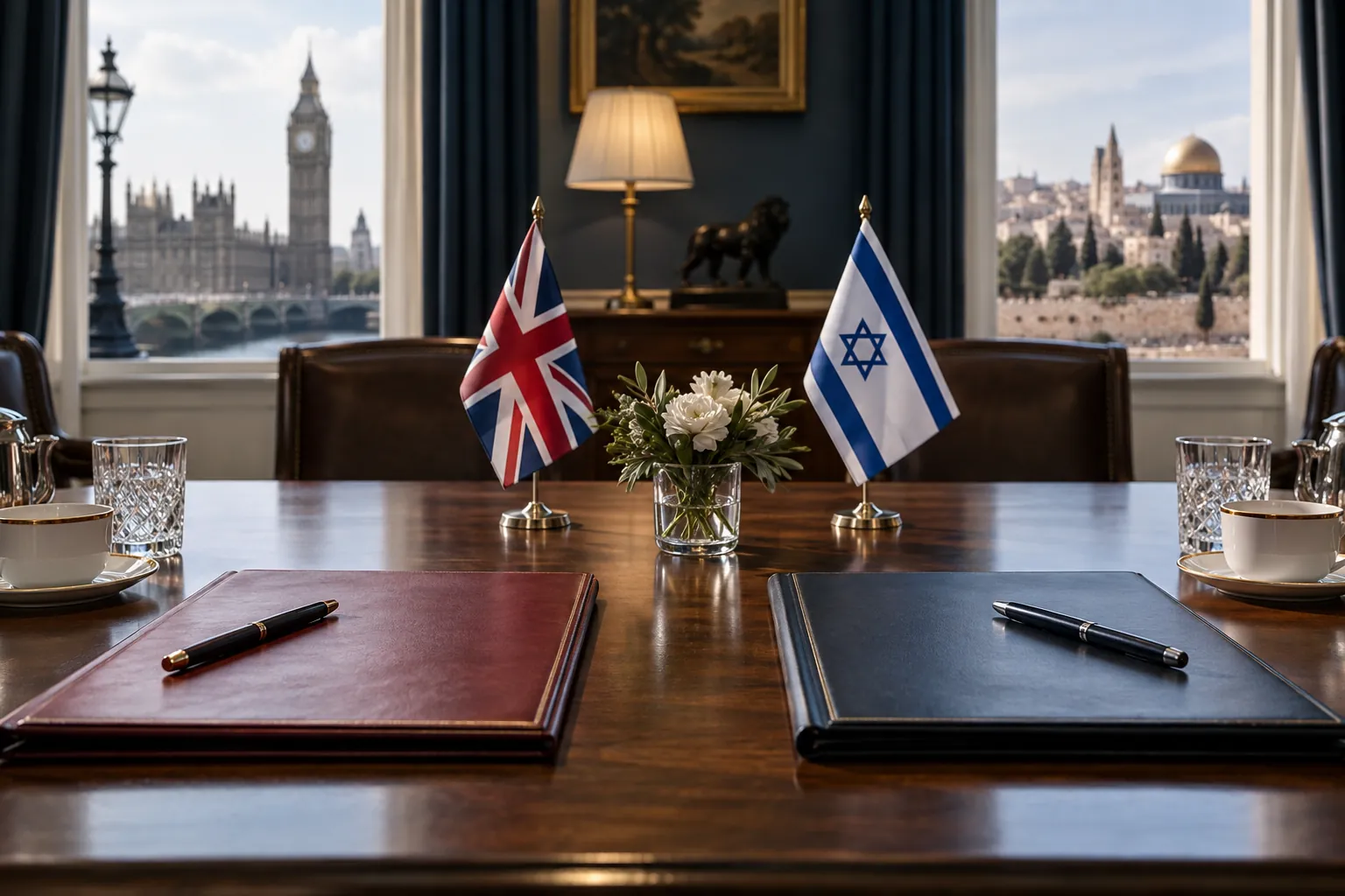 British and Israeli flags in a formal diplomatic meeting room