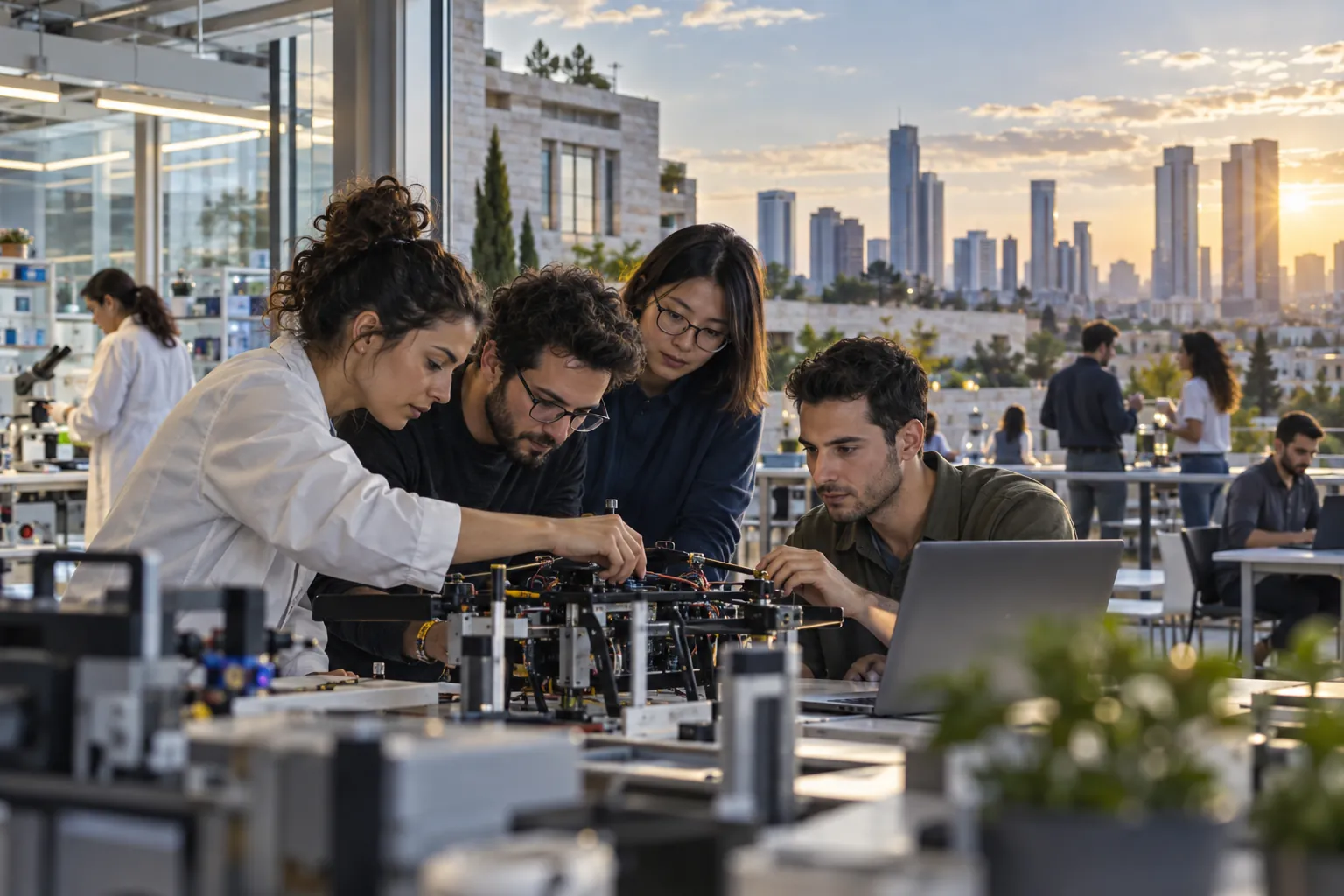 Engineers and researchers collaborating at an Israeli innovation campus